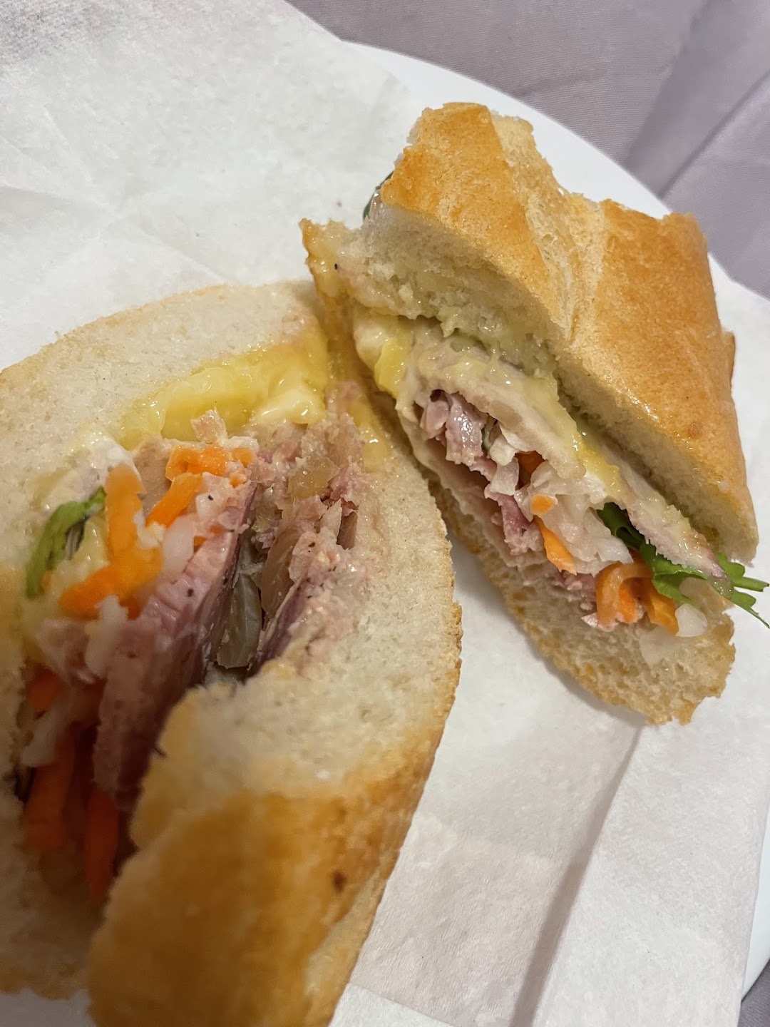Close-up of cut baguette sandwich with fillings