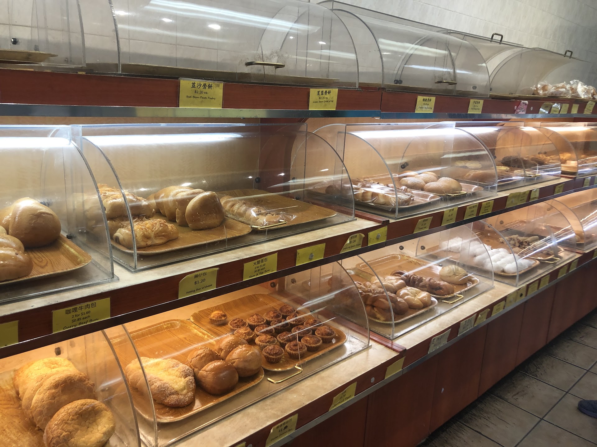 Display cases filled with assorted baked goods